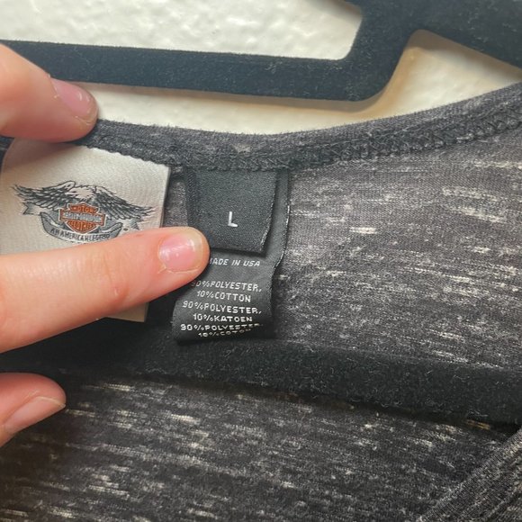 Harley Davidson Heather Grey Blouse with Tie Sleeves and Button Logo Details - Picture 6 of 10